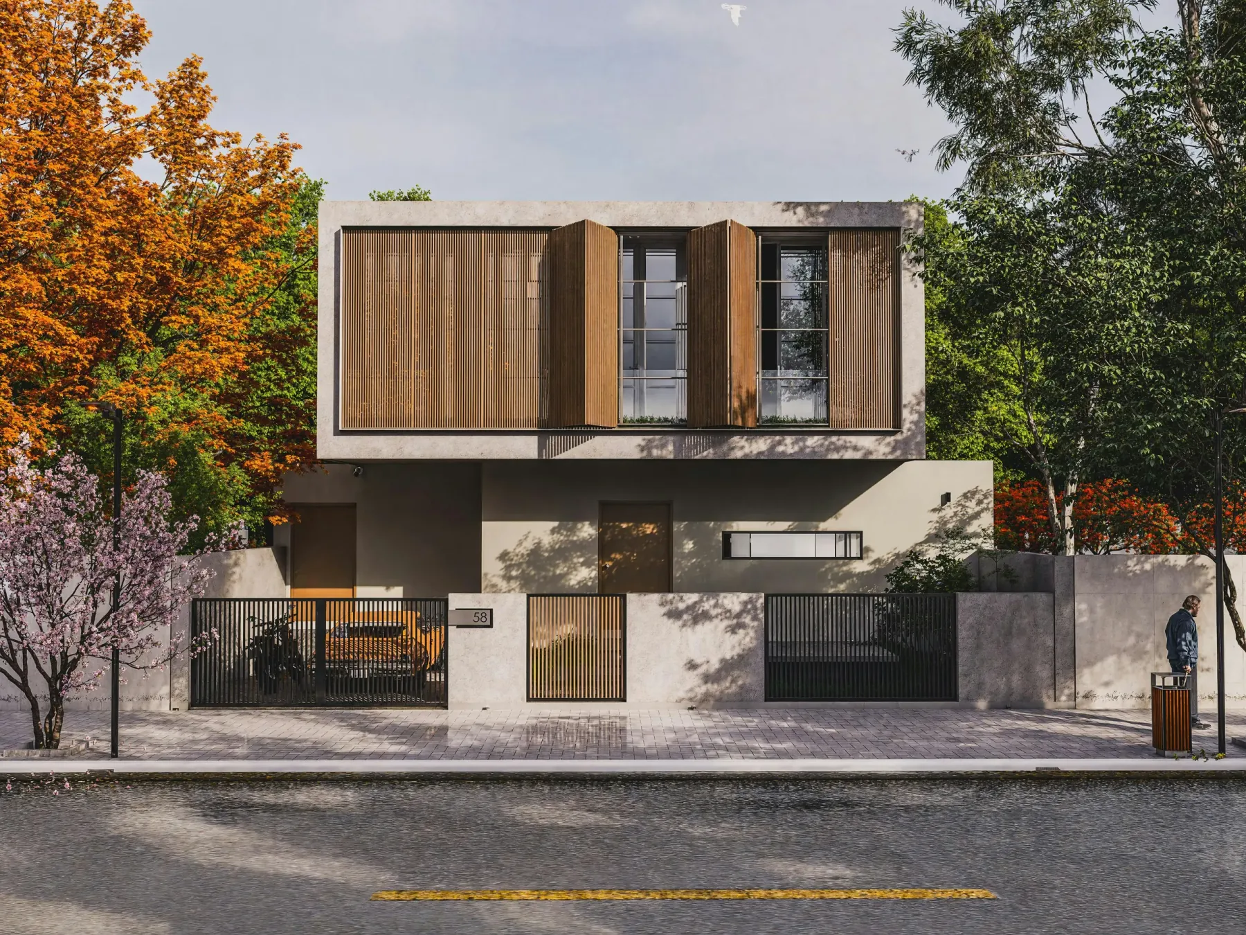 Maison contemporaine à étage, béton et bardage bois ajouré, volets coulissants