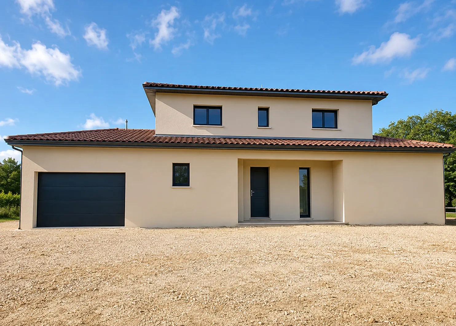 Maison contemporaine à étage avec porche d'entrée construite dans l'Ain