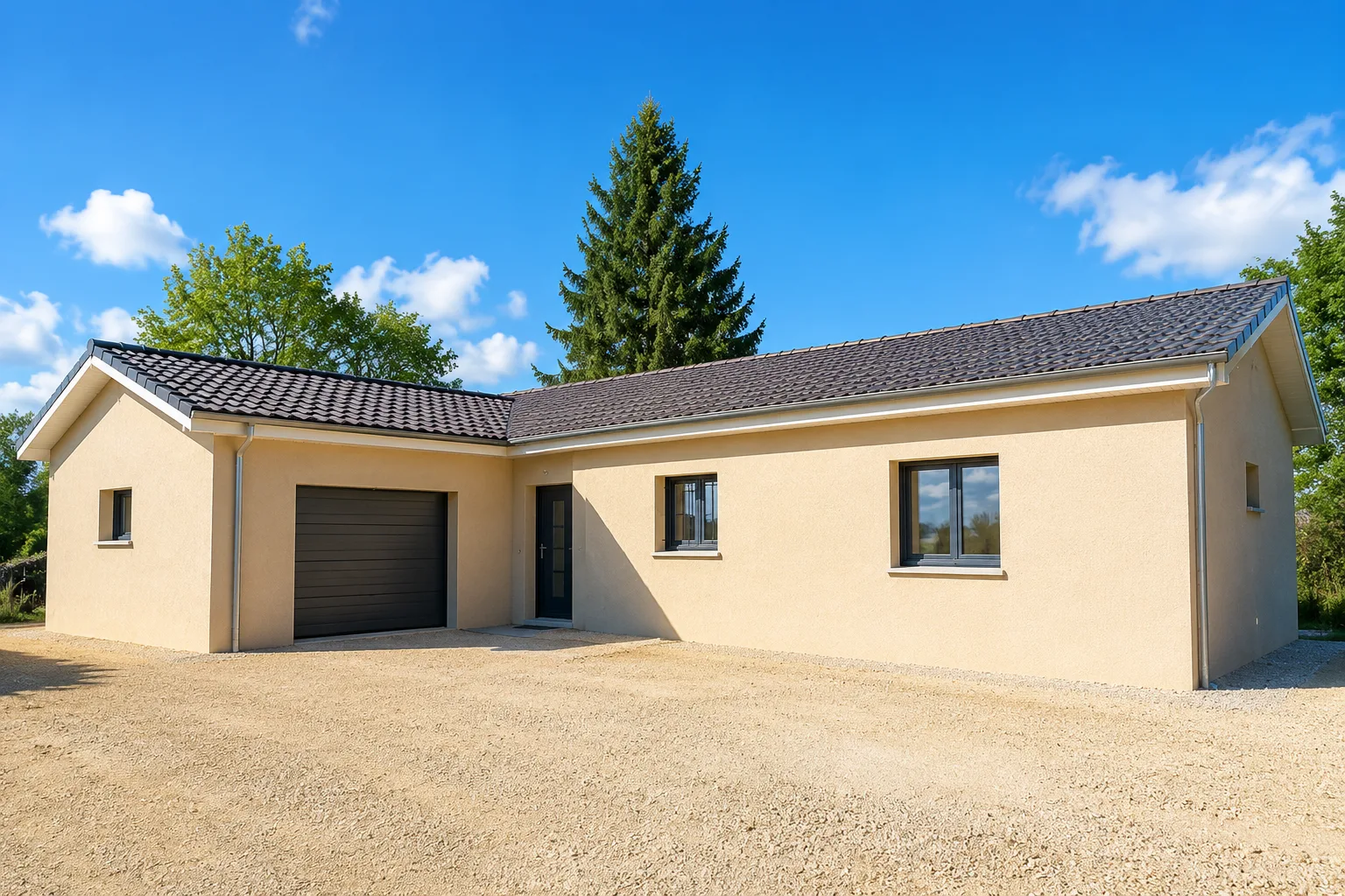 Maison de plain-pied contemporaine, toiture ardoisée, garage intégré
